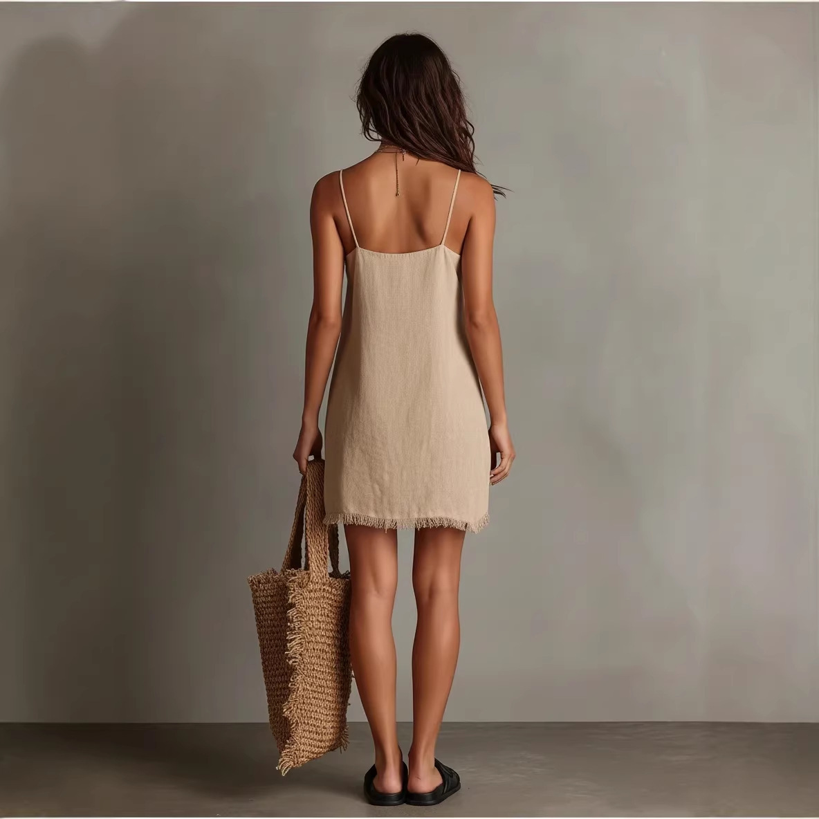 Womens V-neck Slip Mini Dress With Fringe Trim - Image 2