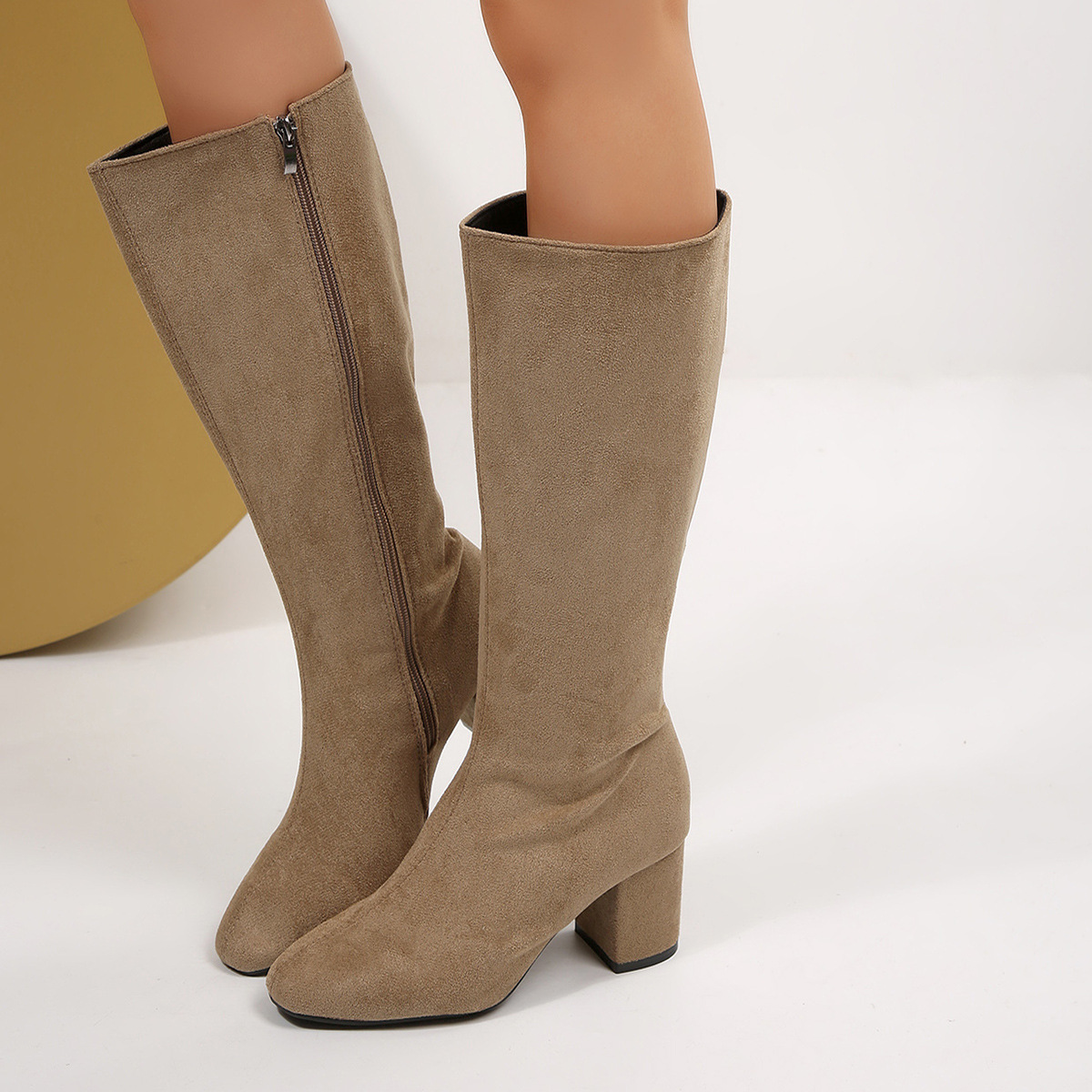 Fashionable Solid-Color Round-Toe Side-Zip Chunky-Heel Womens Over-the-Knee Boots - Image 3
