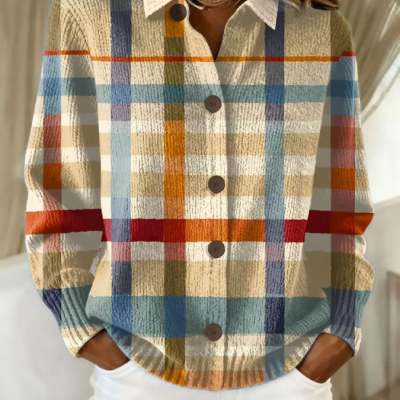 Womens Loose-Fitting Long-Sleeve Top With Colorful Big-Check Print - Image 10