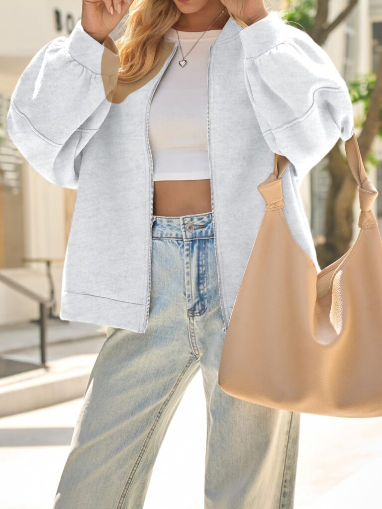Fisoew Womens Zip Up Sweatshirt Casual Bomber Jacket Lantern Sleeve Oversized Jacket Fall Outfits 2025