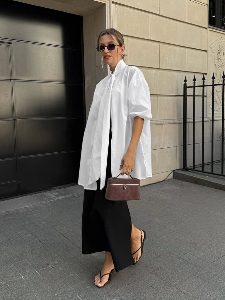 Loose-fitting Long-sleeved White Shirt With A Flowy Collar