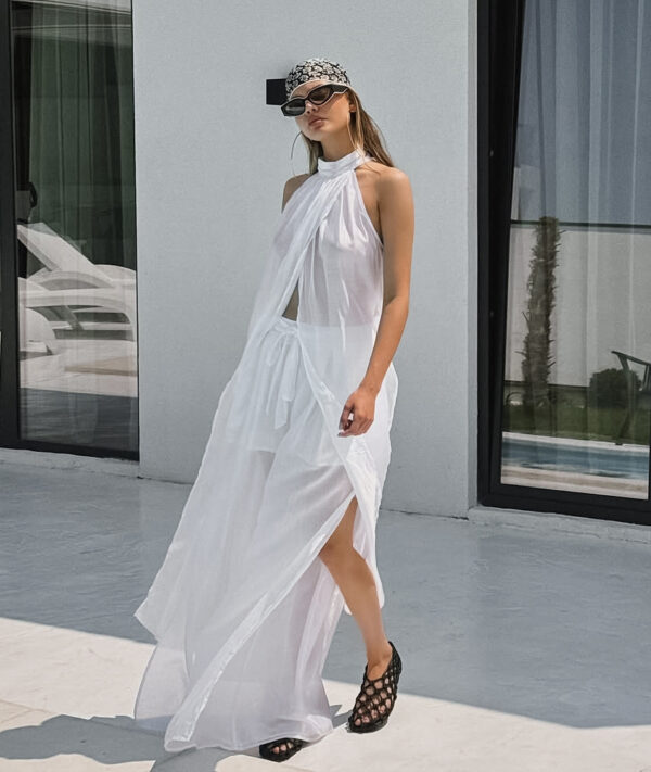 White Tencel Sleeveless Halter Neck Long Vest And Trousers Two-piece Set - Image 6