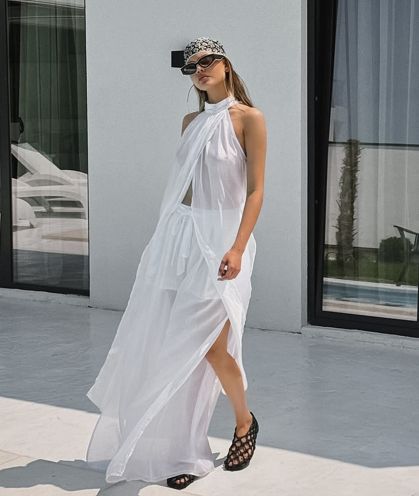 White Tencel Sleeveless Halter Neck Long Vest And Trousers Two-piece Set - Image 6
