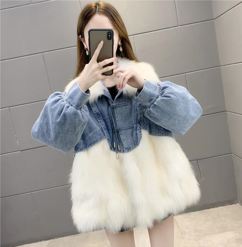 Denim Parka Womens Short Leather Faux Fox Fur Coat - Image 8