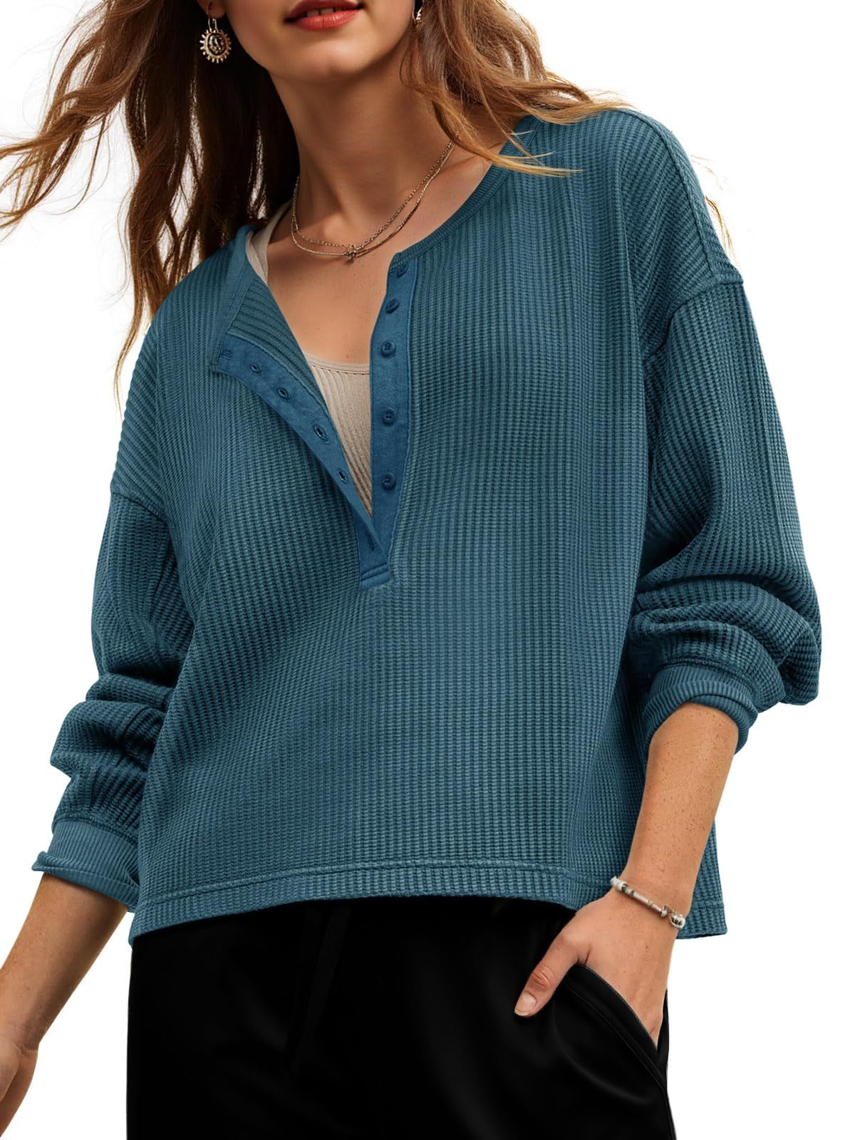 Fisoew Womens Cropped Sweatshirt Casual Waffle Knit Button V Neck Long Sleeve Loose Fit Fall Crop Tops - Image 1