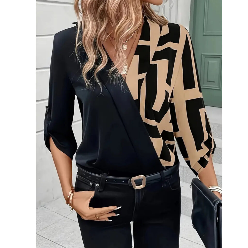 New European And American-style Casual Black V-neck Patchwork Fashion Shirt