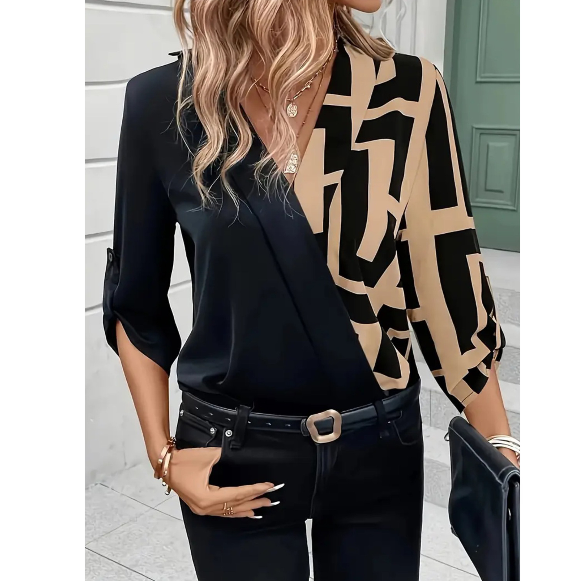 New European And American-style Casual Black V-neck Patchwork Fashion Shirt - Image 9