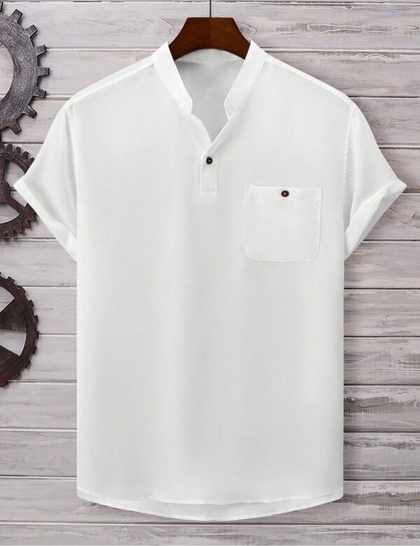 Mens Casual Short-sleeve Solid-color Shirt With A Turn-down Collar - Image 42