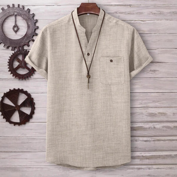 Mens Casual Short-sleeve Solid-color Shirt With A Turn-down Collar - Image 4