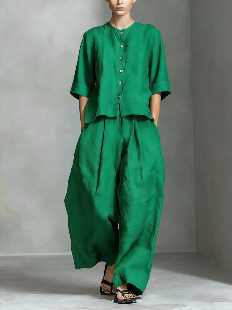 Solid-color Cotton-linen Shirt And Loose-fitting Trousers Two-piece Set