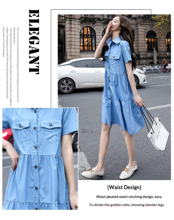 Single-breasted Pocketed Short-sleeve Denim Dress - Image 11