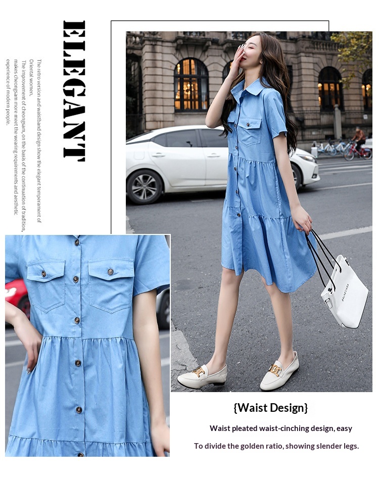 Single-breasted Pocketed Short-sleeve Denim Dress - Image 11