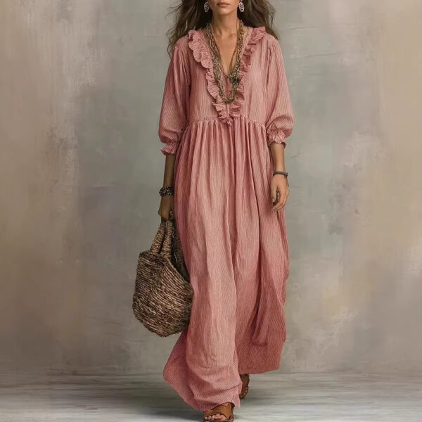 Womens Striped Ruffle-Trimmed Loose High-Waist V-Neck Dress - Image 6