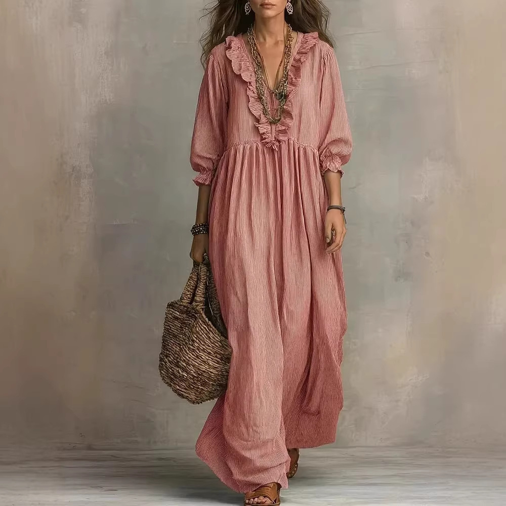 Womens Striped Ruffle-Trimmed Loose High-Waist V-Neck Dress - Image 6