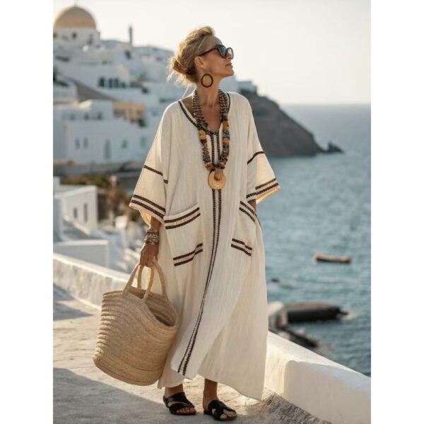 Beach Vacation Long Striped Embroidered Dress - Image 2
