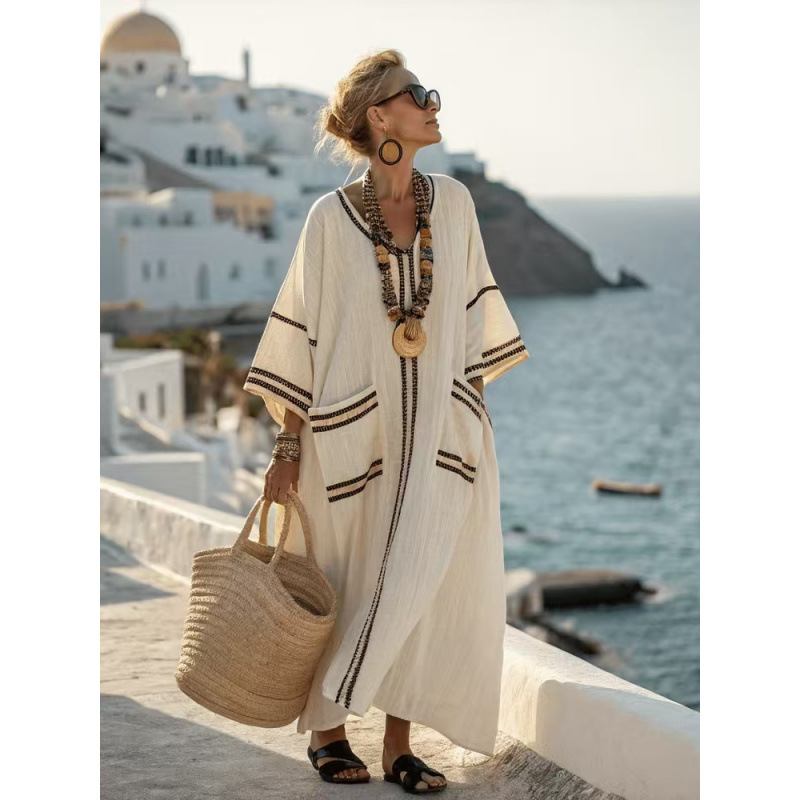Beach Vacation Long Striped Embroidered Dress - Image 2