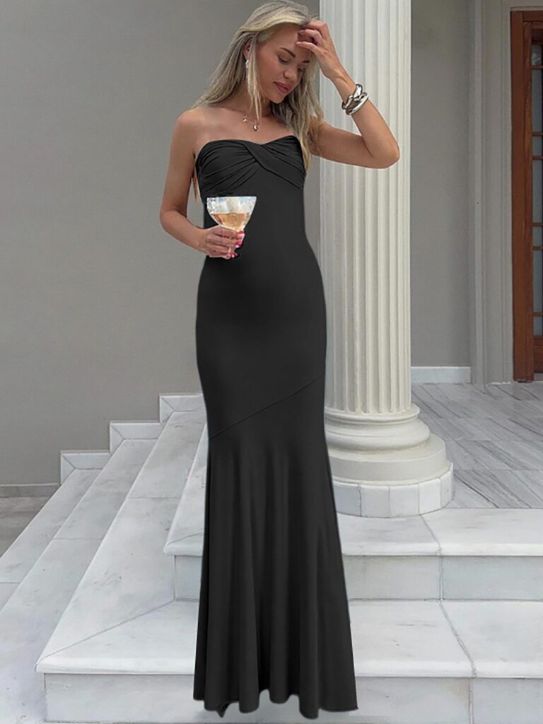 Bodycon Sheath Pleated Tube Maxi Dress