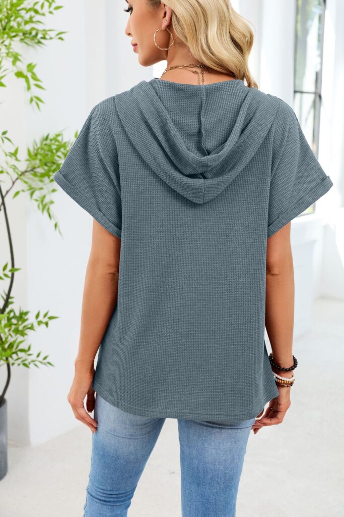 Womens Waffle-Weave Hooded Drawstring Short-Sleeve Top With Buttons