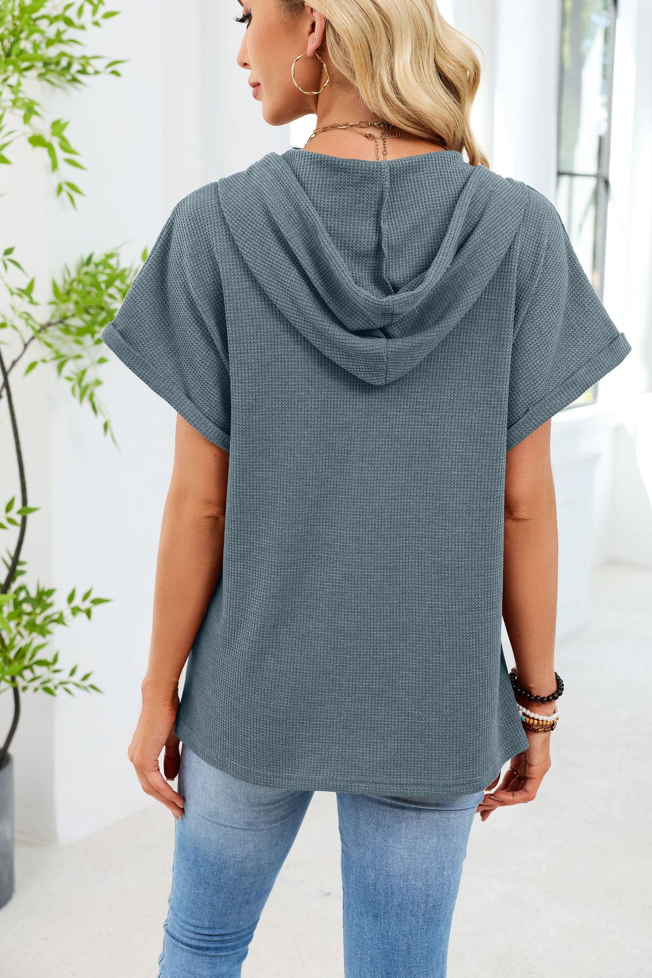 Womens Waffle-Weave Hooded Drawstring Short-Sleeve Top With Buttons - Image 31