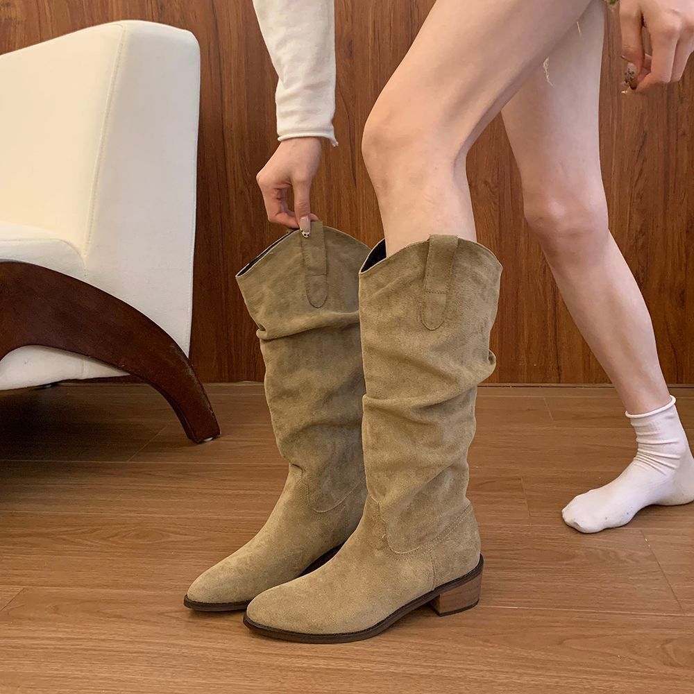 Retro-style Pointed-toe Womens Shoes Chunky-heeled High Niche Minimalist Versatile Boots