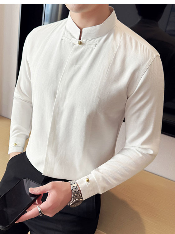 Men's Solid Color Stand Collar Long-sleeved Shirt - Image 4