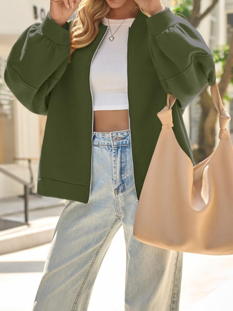 Fisoew Womens Zip Up Sweatshirt Casual Bomber Jacket Lantern Sleeve Oversized Jacket Fall Outfits 2025