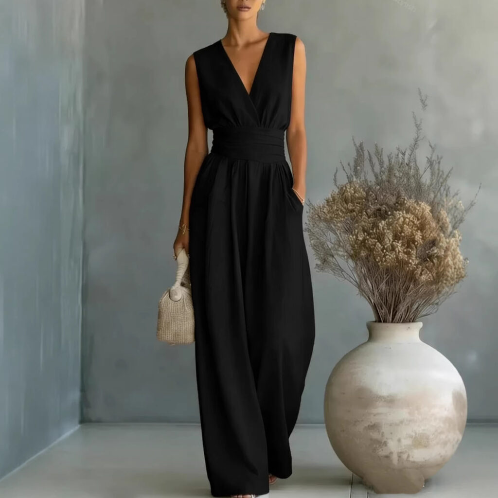 Womens Elegant Sleeveless Waist-Cinching V-Neck Sophisticated Jumpsuit