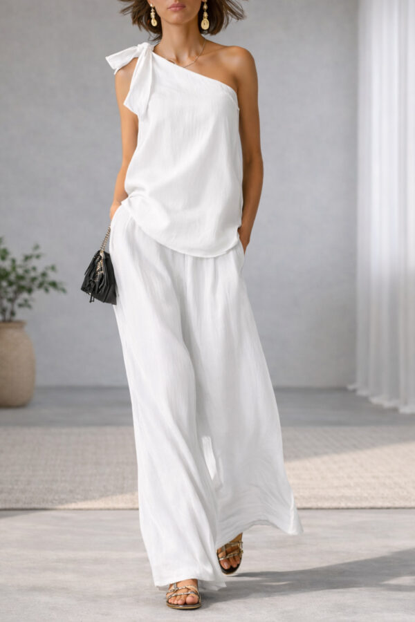 Sleeveless One-shoulder Top With Tie Detail And Wide-leg Pants - Image 6