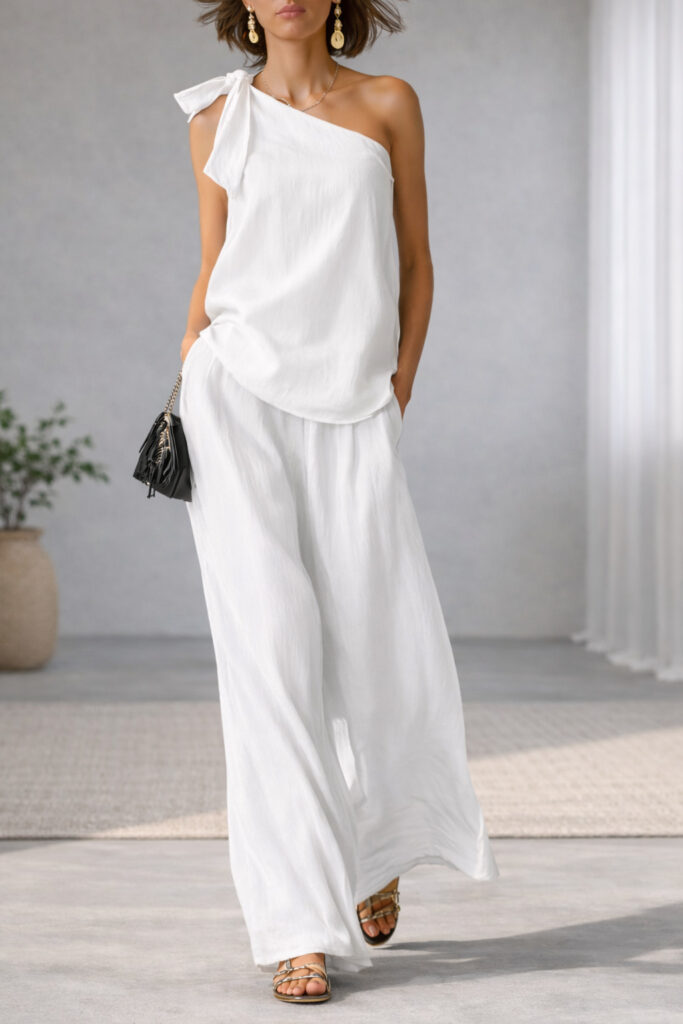Sleeveless One-shoulder Top With Tie Detail And Wide-leg Pants