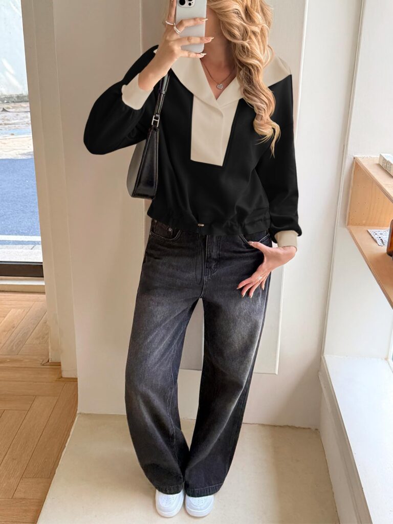 Fisoew Womens Cropped Oversized Sweatshirt Casual Lapel V Neck Long Sleeve Contrast Drawstring Loose Fit Fall Pullover Tops