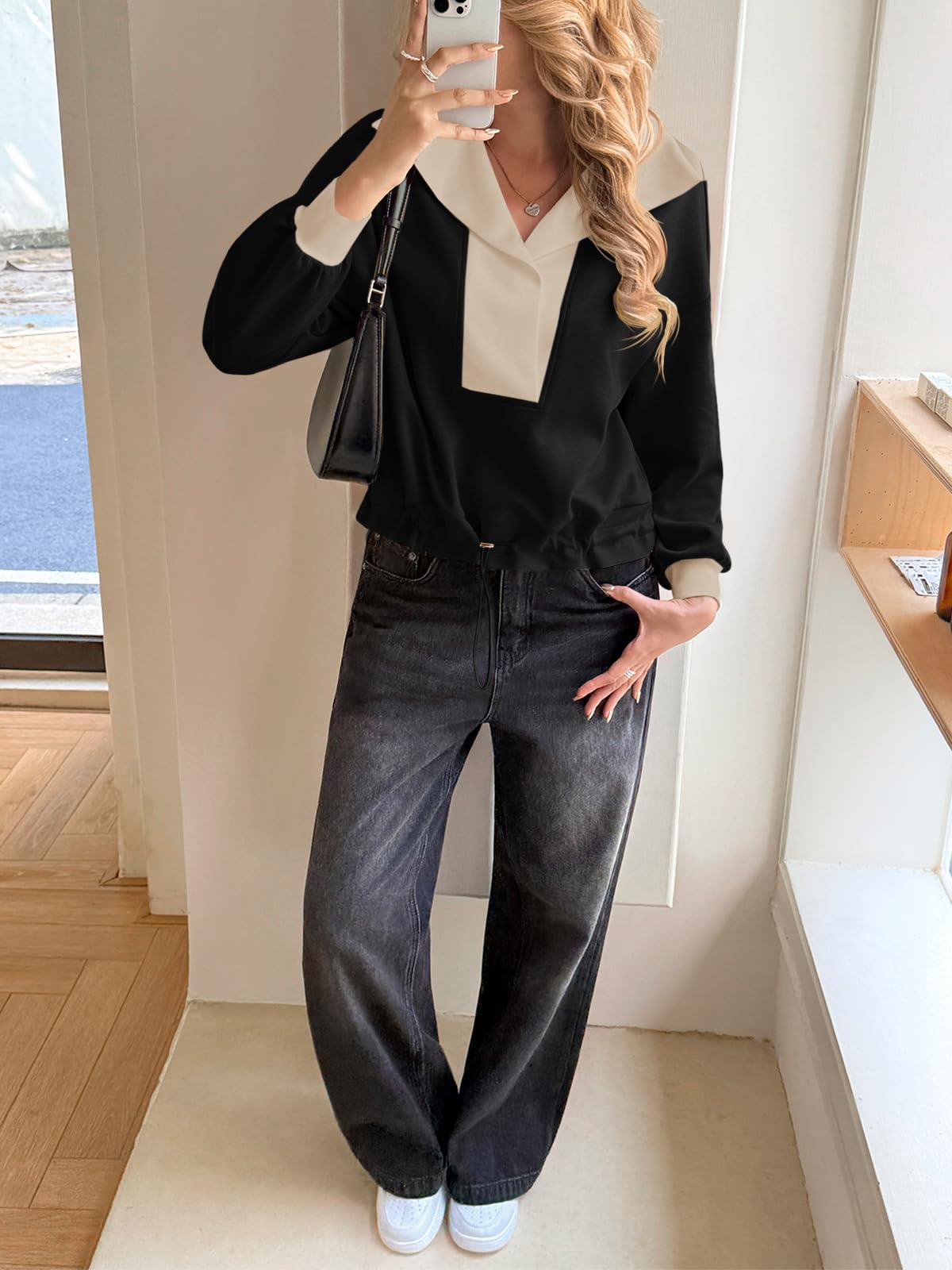 Fisoew Womens Cropped Oversized Sweatshirt Casual Lapel V Neck Long Sleeve Contrast Drawstring Loose Fit Fall Pullover Tops - Image 30