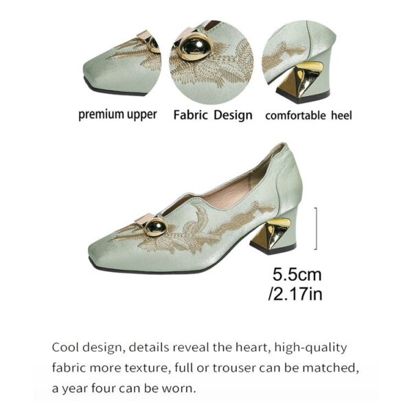 2026 Spring New Women's Chunky Heel Pumps, Versatile Square Toe Deep-V Loafers, New Chinese Style Embroidered High Heels - Image 3