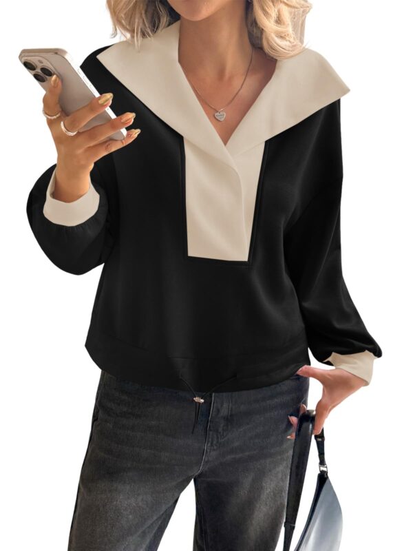Fisoew Womens Cropped Oversized Sweatshirt Casual Lapel V Neck Long Sleeve Contrast Drawstring Loose Fit Fall Pullover Tops - Image 16