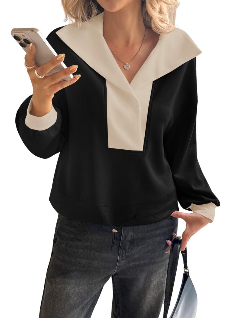 Fisoew Womens Cropped Oversized Sweatshirt Casual Lapel V Neck Long Sleeve Contrast Drawstring Loose Fit Fall Pullover Tops