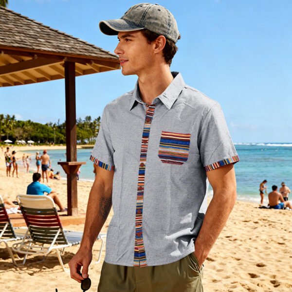 Men's Contrasting-Color Beach Short-Sleeve Casual Shirt - Image 18