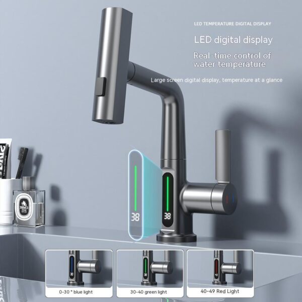 Intelligent Digital Display Faucet Pull-out Basin Faucet Temperature Digital Display Rotation - Image 8