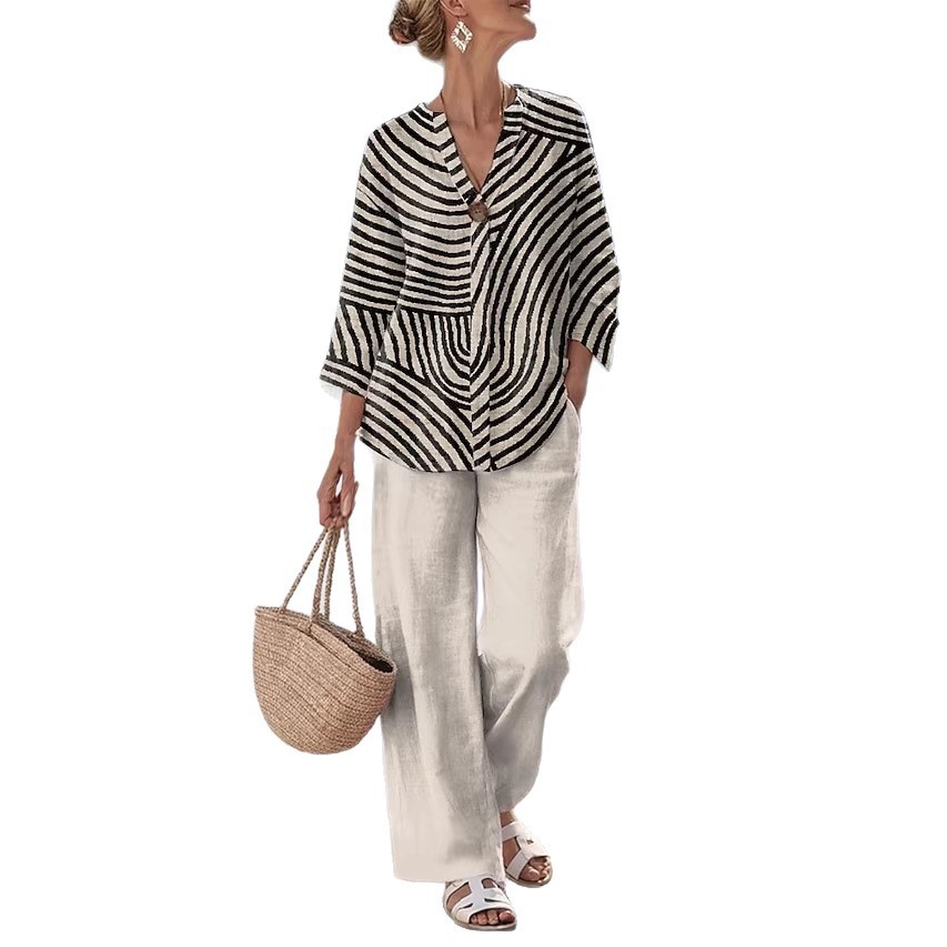 V-Neck Patterned Printed Womens Straight-Leg Pants Set - Image 4