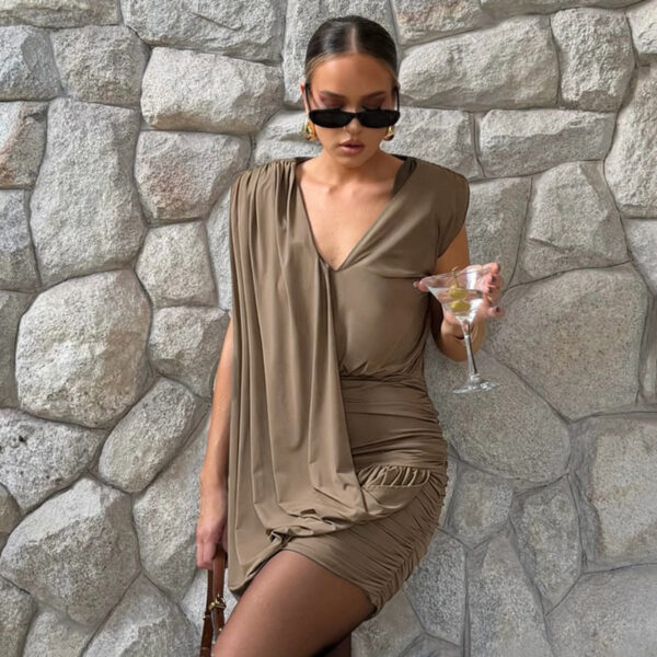 Designer Deep V-Neck Sleeveless Pleated Dress For Women - Image 18