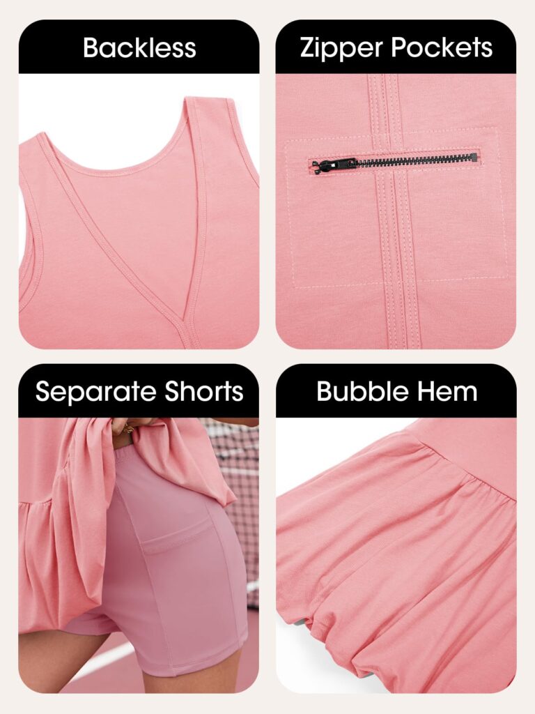 Fisoew Womens Athletic Dresses With Shorts & Pockets Backless Tennis Golf Mini Dress Bubble Hem Workout Active Outfits
