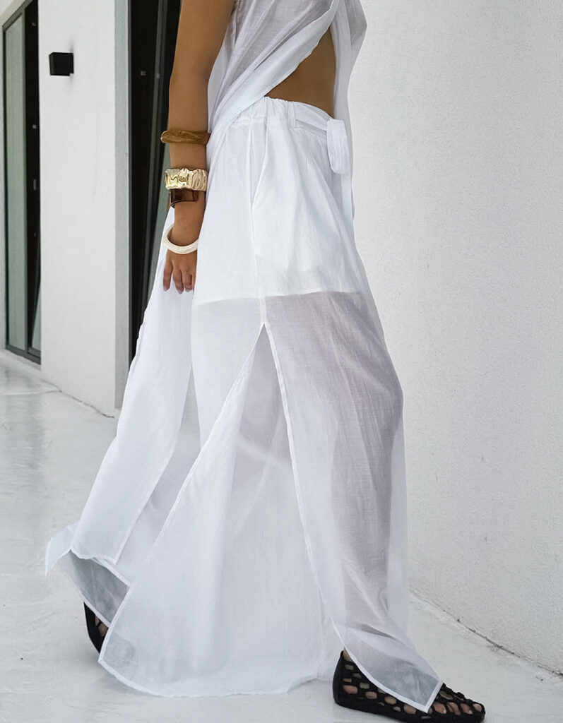 White Tencel Sleeveless Halter Neck Long Vest And Trousers Two-piece Set