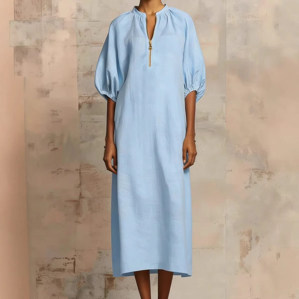 Womens Solid-Colored Cotton-Linen Loose-Fit Casual Puff-Sleeve Dress