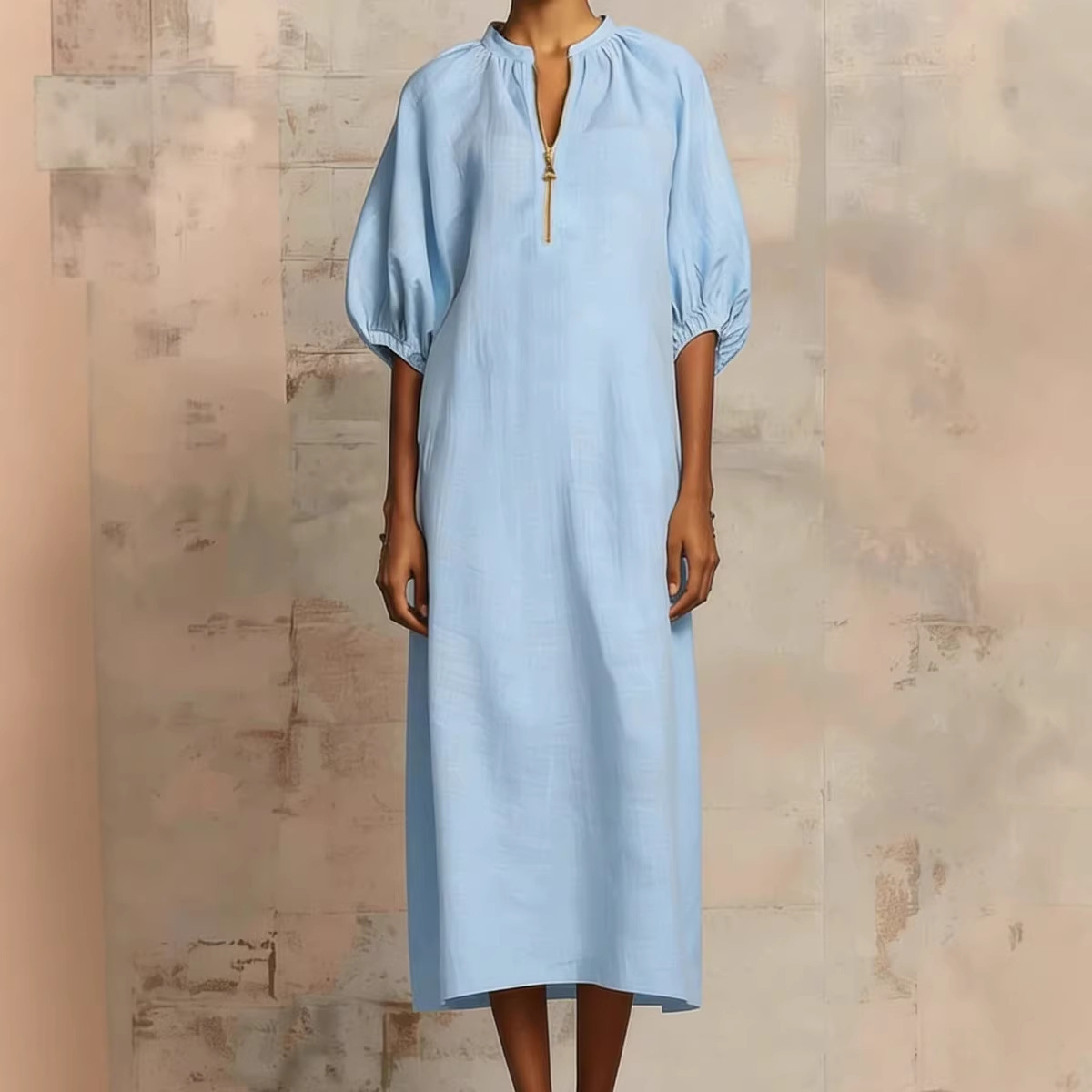 Womens Solid-Colored Cotton-Linen Loose-Fit Casual Puff-Sleeve Dress - Image 6