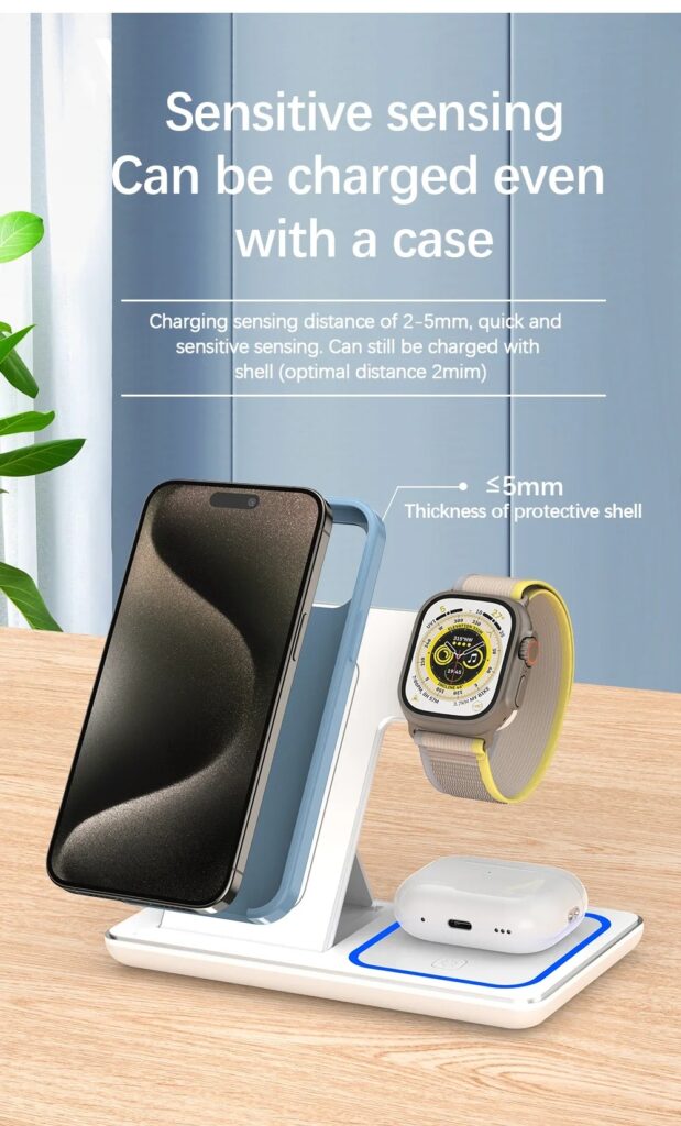 15W 3 In 1 LED Fast Wireless Charger Stand Foldable Charging Station For Smart Phone 15 14 13 12 11 IWatch 9 8 7 6 5 Airpods Pro