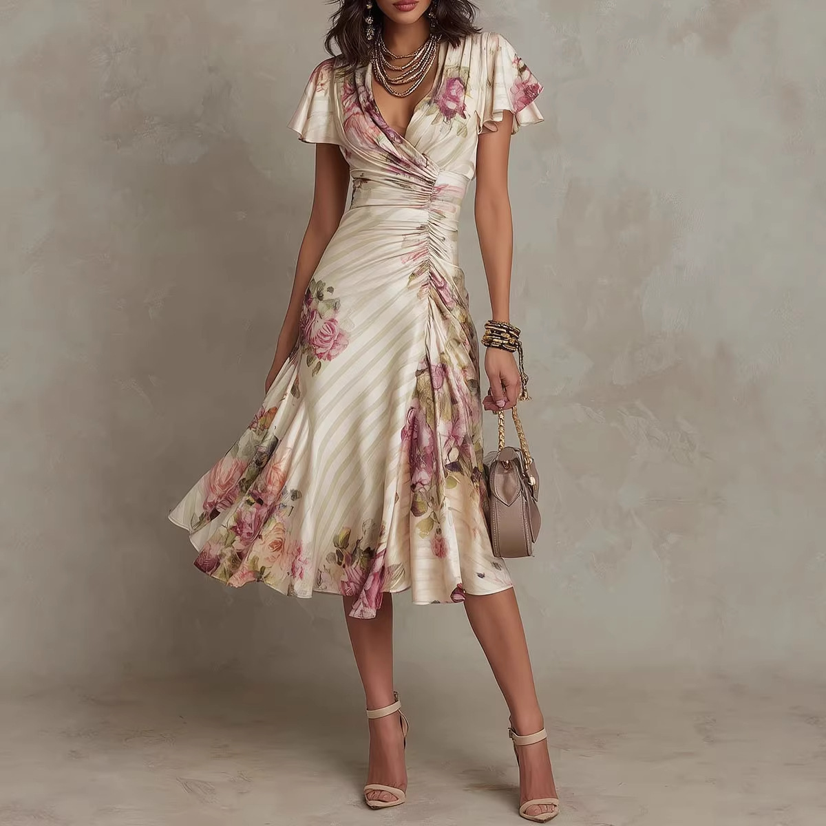 Printed V-neck Defined Waistline Ruffled Hem Dress - Image 5