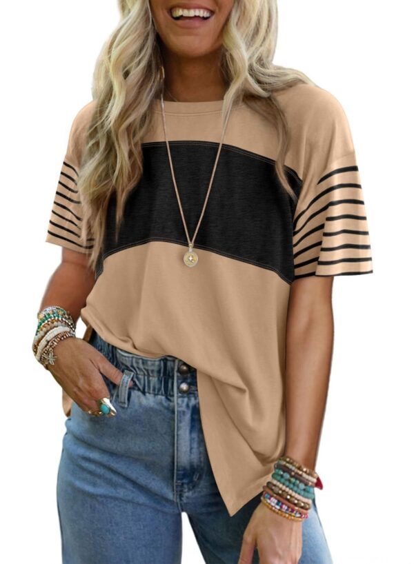 Women's New Style Crew Neck Pullover Casual Striped Color-Block Short-Sleeved T-Shirt - Image 3