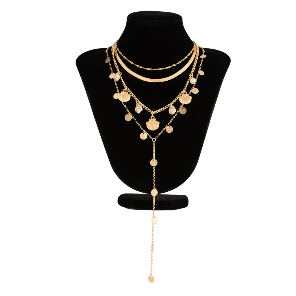Vacation Fan Seashell Sequin Chain Stacked Collarbone Necklace