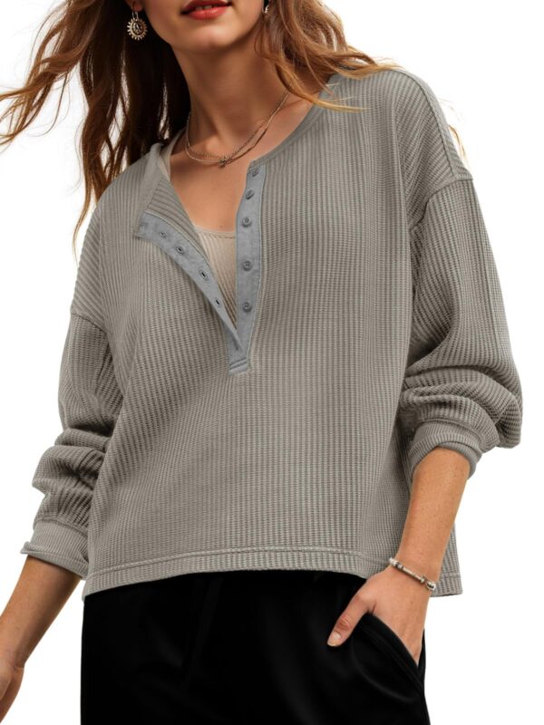 Fisoew Womens Cropped Sweatshirt Casual Waffle Knit Button V Neck Long Sleeve Loose Fit Fall Crop Tops - Image 16