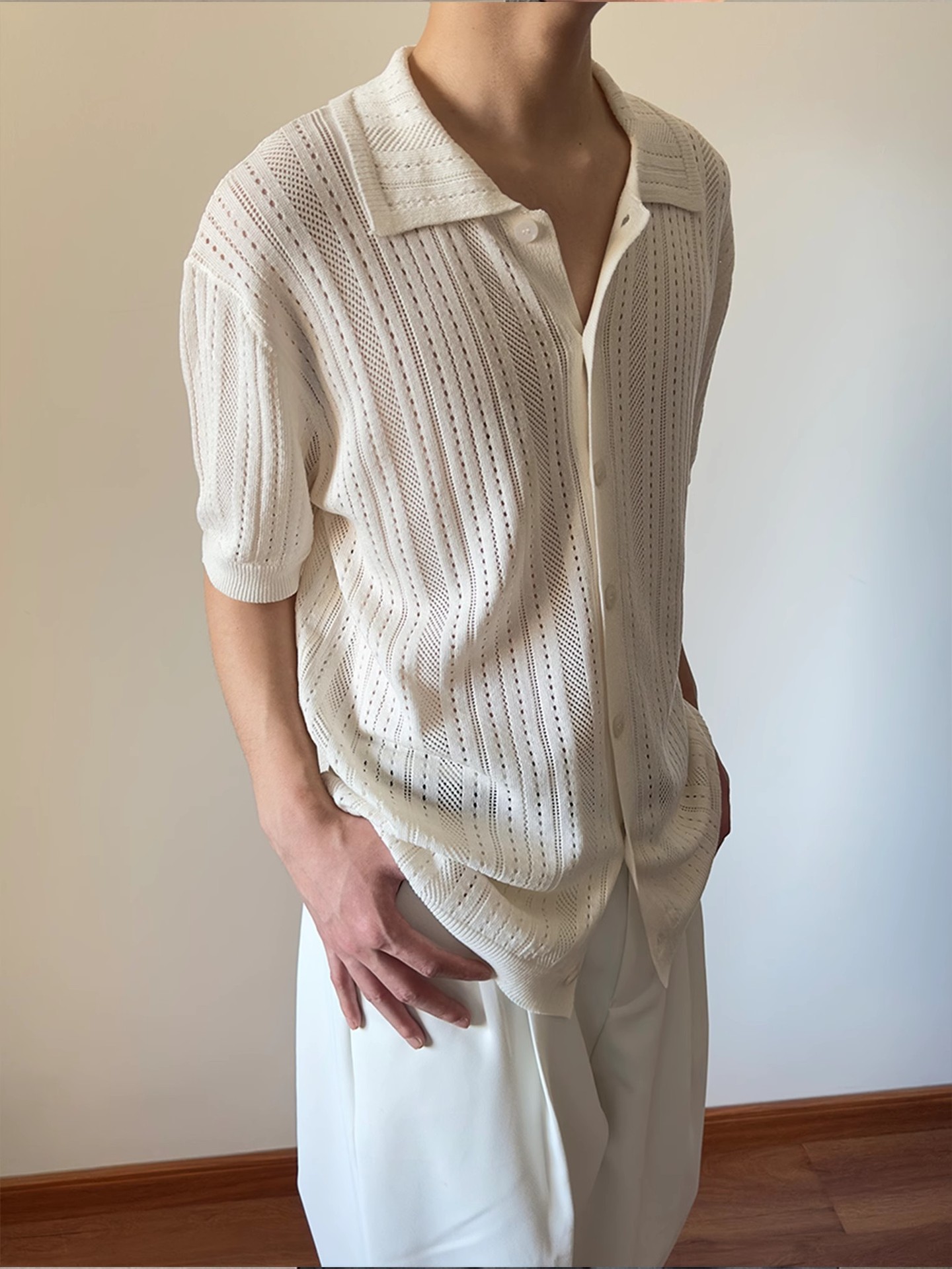 Hollow-out Vintage Lapel Knit Sweater For Men - Image 13