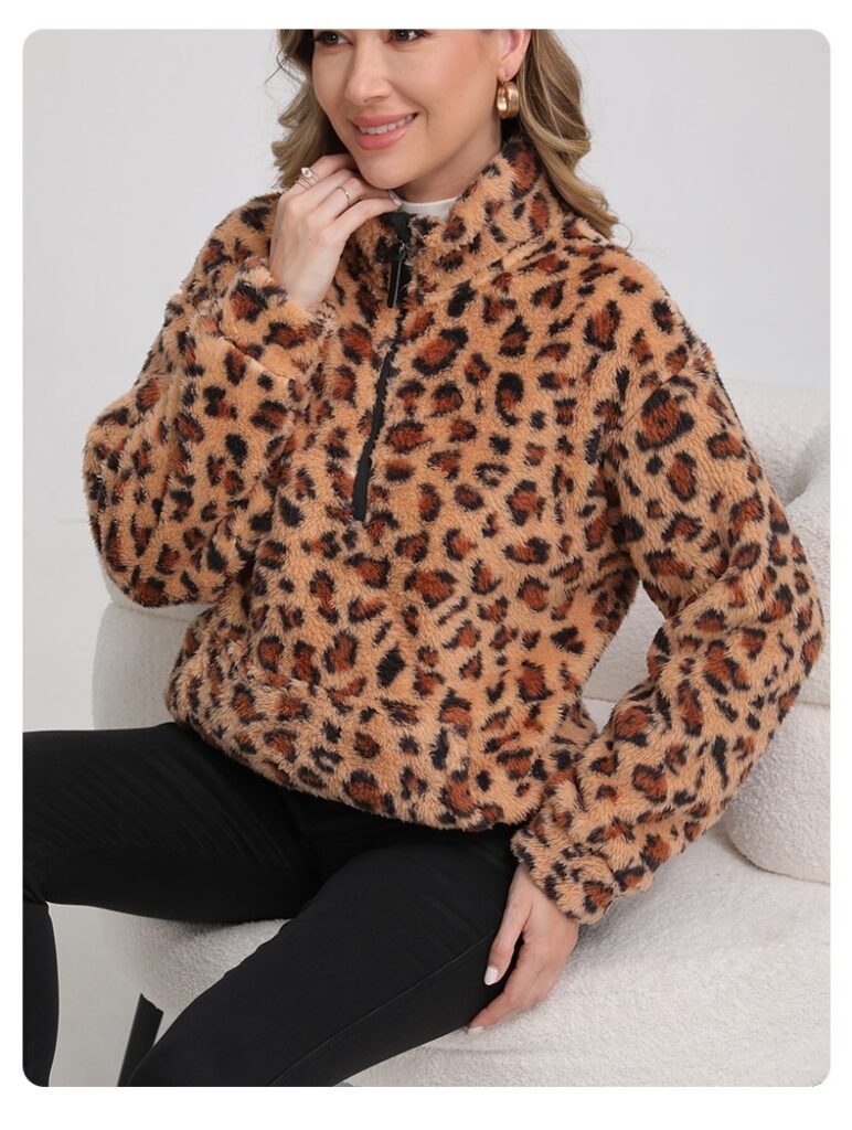 Fashionable Lambswool Fleece Leopard-Print Jacket Fleece Sweater Hoodie