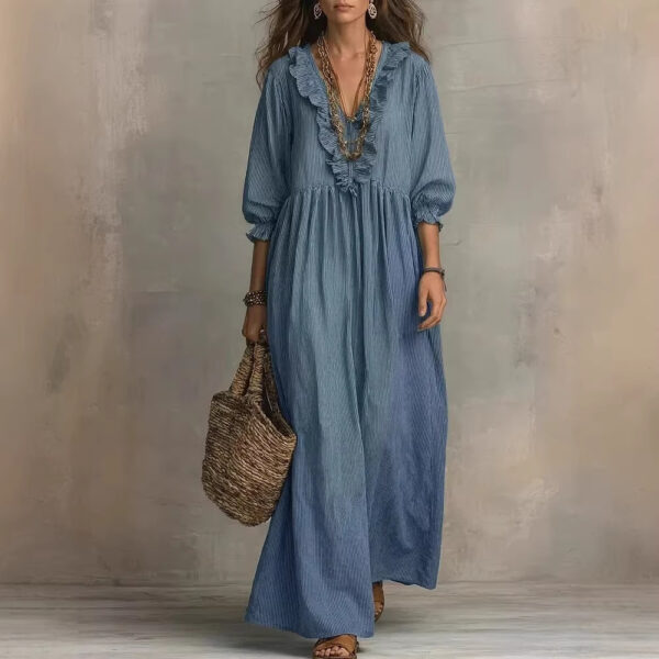 Womens Striped Ruffle-Trimmed Loose High-Waist V-Neck Dress - Image 8